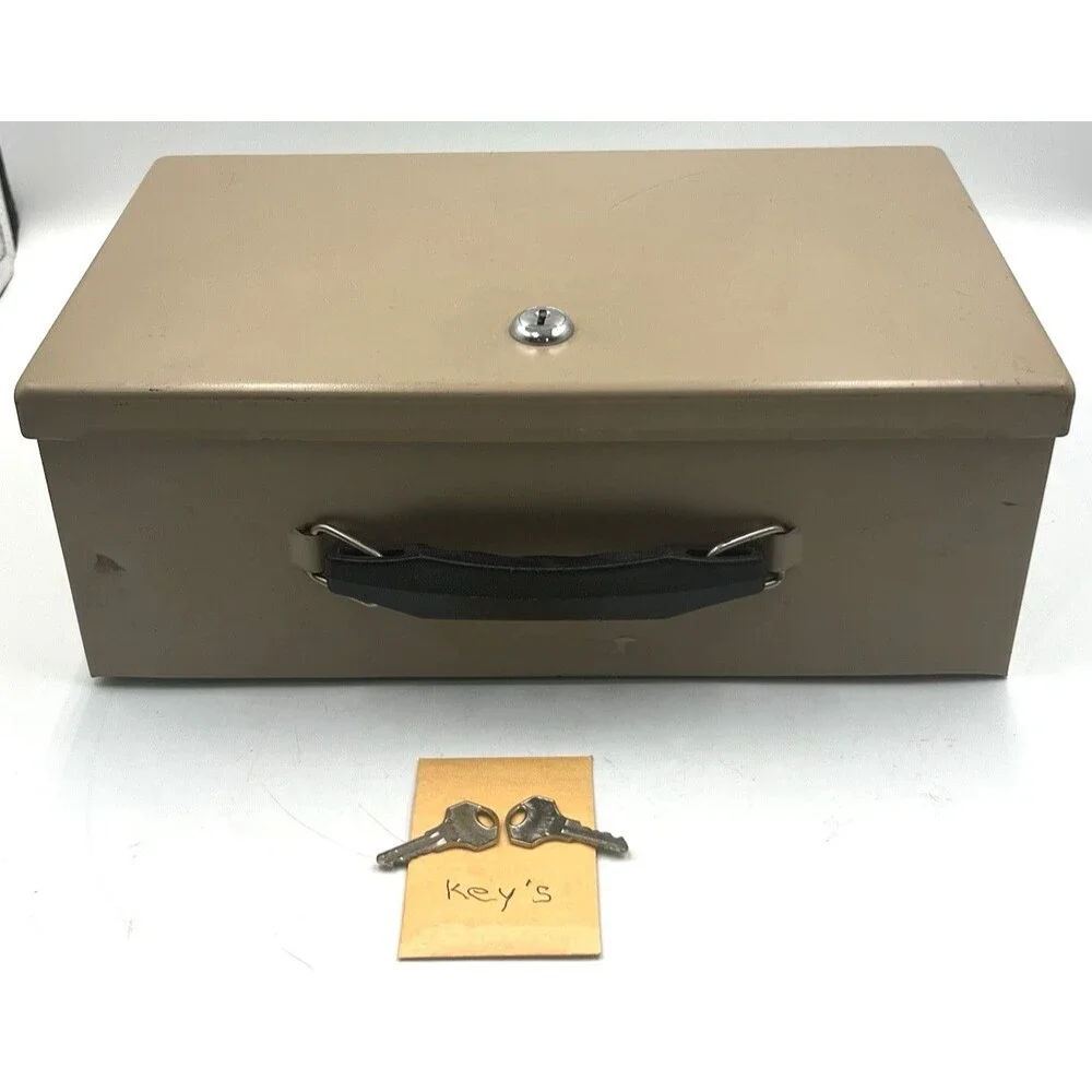 Security Cash Box Vintage Rockaway Metal Lock Chest Tan w/ 2 Keys Inwood NY